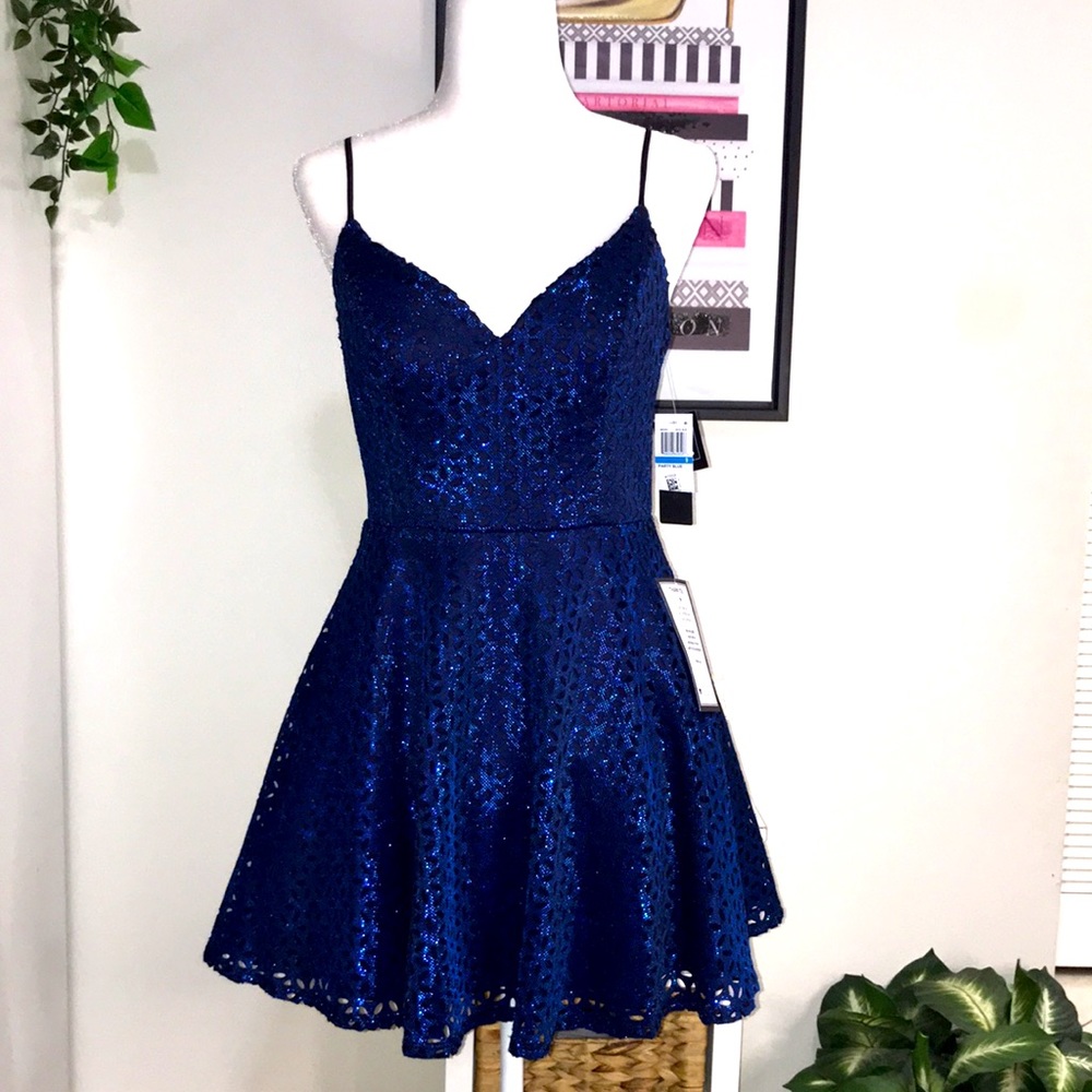 NWT City Studio Junior's Fit & Flare Metallic Royal Blue Dress 9